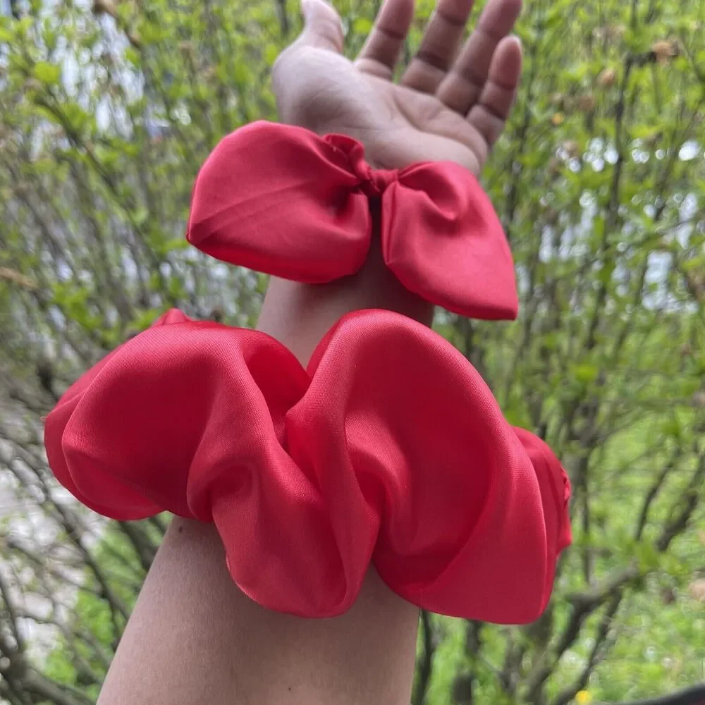 2 New Satin Scrunchie Hair Tie Red